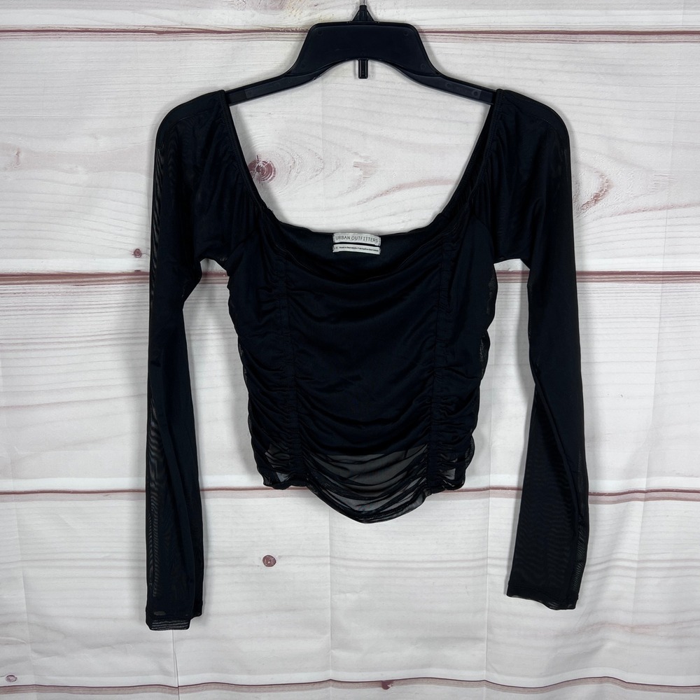 Urban Outfitters Mesh Top Women L Black Ruched Sheer Long Sleeve Square Neck Y2K